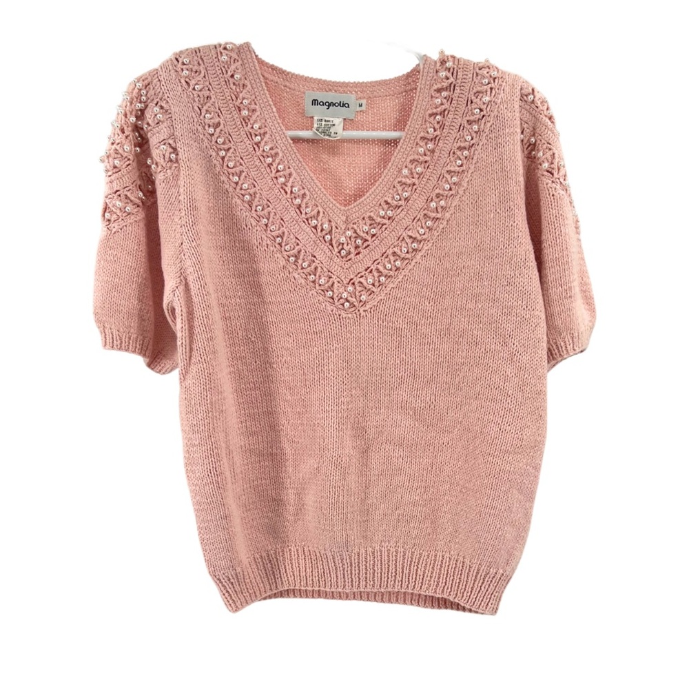 Magnolia vintage pink v-neck short sleeve sweater M pearl detail preppy cottage